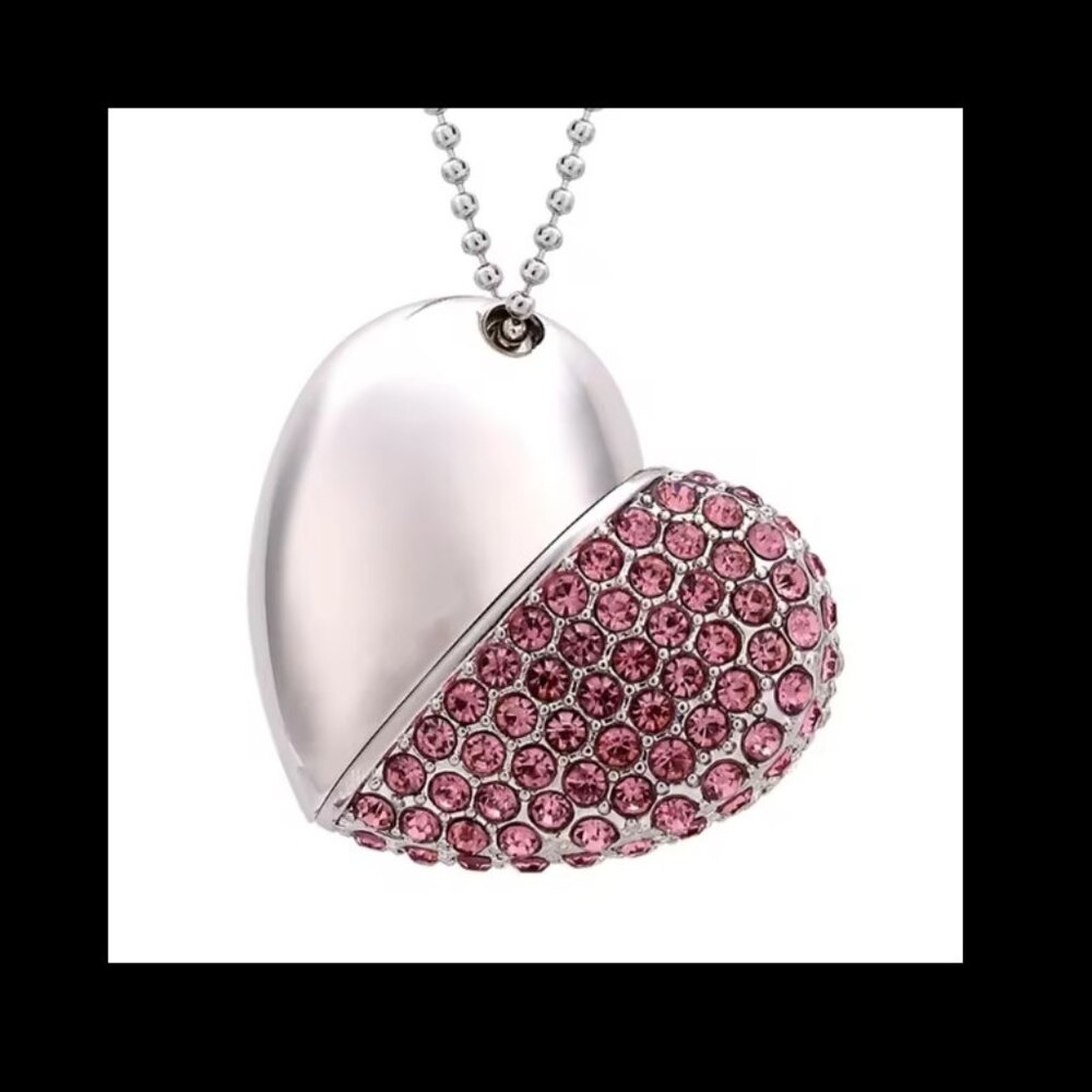 Valentine pic-file holder Pink/Silver Heart Pendant w/ 128gb Flash Dr